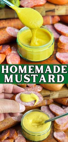 the homemade mustard is being poured into small bowls with sausages and carrots in them