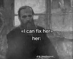 an old man with a beard sitting in front of a window that says i can fix her