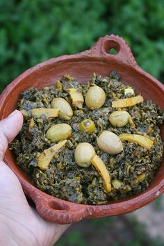 a hand holding a clay bowl filled with green and yellow food in front of some bushes