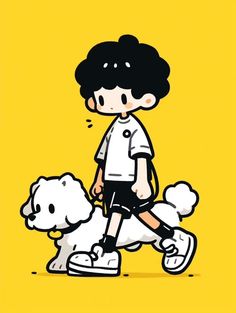 a boy walking his dog on a yellow background