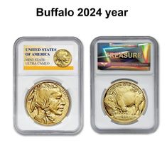 two buffalo gold coins are on display in three different cases, one is for $ 20 and the other is for $ 25