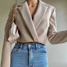 Questions? Leave A Comment Below! Cropped Tan Blazer Outfit, Chic Fitted Zara Cropped Jacket, Brown Cropped Blazer Outfit, Cropped Beige Blazer For Spring, Zara Fitted Cropped Outerwear, Zara Casual Button-up Cropped Jacket, Cropped Blazer Outfit, Blue Tweed Jacket, Cape Blazer