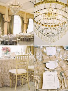 the tables are set up for an elegant wedding reception with gold linens and crystal chandeliers