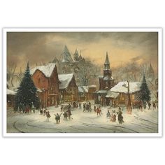 a painting of people walking in the snow near buildings and trees with a sky background