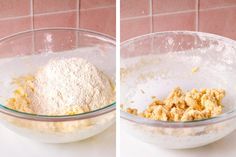 two pictures showing the same mixing process in a glass bowl, one with flour and another with sugar