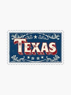 a postage stamp with the word texas in red, white and blue letters on it