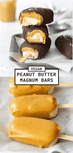 vegan peanut butter ice cream bars on a stick with the words vegan written in white