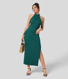 Women’s Ribbed Stand Collar Sleeveless Split Hem Bodycon Midi Casual Dress - Halara Slip Dress Beach, Midi Casual Dress, Midi Summer Dress, Dress Beach, Midi Dress Casual, Midi Dress Summer, Bodycon Midi, Midi Dress Bodycon, Split Hem