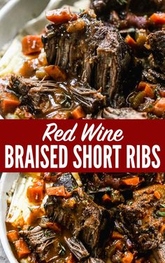 red wine braised short ribs on top of mashed potatoes in a white bowl