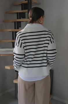 Classic Striped and Collared LS Sweater | Color: Striped - Black and Ivory | True To Size | Deep V Neckline | Easy and Comfortable Fit | Knitted Fabric | Ribbed Detail at Cuff and Hem | 78% Cotton, 22% Polyester | Hand Wash Cold, Do Not Bleach, Hang To Dry ALSO PICTURED- 'Penn' Classic Solid Collared Button Down Shirt in White- 'Alexandre' Classic High Waisted Trousers in Taupe Online Fashion Boutique, High Waisted Trousers, Deep V, Colorful Sweaters, Fashion Boutique, Knitted Fabric, Bleach, Button Down Shirt, Comfort Fit