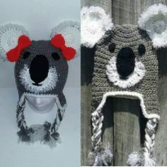 two hats made to look like koalas and one is crocheted with yarn