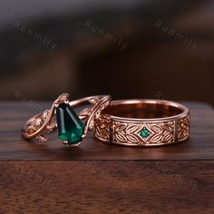 Here we have a Vintage coffin cut emerald couples ring unique rose gold matching ring set His and Her wedding ring art deco branch leaf ring for Men for Women Green Emerald ITEM DESCRIPTION ✦ Handmade, high-quality item! ✦ Material: Sterling Silver/10K/14K/18K/Platinum ►Sold as a two-piece set ►His ring is rose gold with 2mm black onyx ►His band width: 6mm ►Her ring is rose gold.(can be made in 10/14/18k white/rose/yellow/black gold) ►Center stone: 6x9mm coffin cut lab created emerald The stones Unique Ring Band, Art Deco Emerald Wedding Ring, Art Deco Emerald Wedding Ring May Birthstone, Art Deco Emerald Wedding Ring For May Birthstone, Elegant Rose Gold Emerald Promise Ring, Unique Emerald Cut Wedding Rings, Art Deco Rose Gold Wedding Rings, Rose Gold Art Deco Wedding Rings, Unique Emerald Ring For Wedding