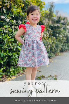 Yarrow by Peony Patterns is a lovely wrap dress with shaped tie closures. It can be sewn sleeveless, with flutter sleeves or with darling mid length sleeves that feature a sweet tie. Options for a full or partial neckline ruffle. The skirt features simple or ruffled styles. Digital PDF pattern for beginners, easy. Fully photographed step by step tutorial. Join our Facebook group for more inspo and advice! Flutter Pinafore Dress Pattern Free, Toddler Girl Dress Sewing Patterns Free, Childrens Pinafore Dress Pattern, Toddler Pinafore Dress Pattern, Toddler Flutter Sleeve Dress Pattern Free, Pink Trim