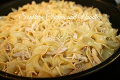 chicken and noodle casserole in a skillet ready to be eaten for lunch