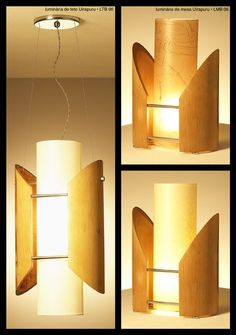 four different views of a light fixture made out of wood