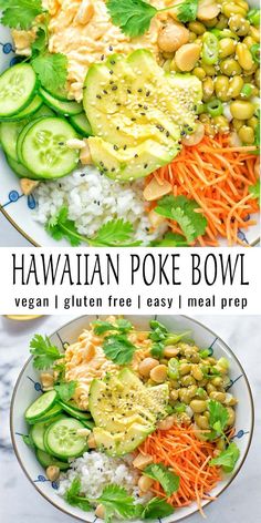 two plates filled with different types of food and the words hawaiian poke bowl above them