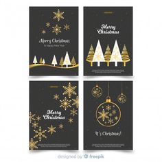 four christmas cards with gold snowflakes and fir trees on black, white and gray background