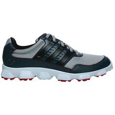 men's adidas golf shoes in grey and black with red accents on the sole