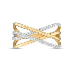 Set a sophisticated tone with this eye-catching diamond ring. Crafted in warm 10K gold, this split-shank style features diamond-lined and polished ribbons in a luxe crossover design. Radiant with 1/5 ct. t.w. of diamonds and a brilliant buffed luster, this ring exudes a modern vibe. Sketch Jewelry, Rolex Shop, Jewellery Board, Stunning Diamond Rings, Chic Rings, Crossover Ring, Gold Rings Jewelry, Radiant Diamond, Split Shank