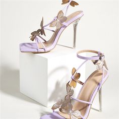 Butterfly Decor Ankle Strap Lavender Sandals Heels Purple High Heels, Butterfly Heels, Purple Pumps, Butterfly Sandals, Purple Sandals, Crystal Heels, Square Toe Sandals, Purple Shoes, Super High Heels