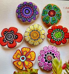 there are many colorful flowers painted on rocks