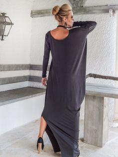 Gray Maxi Long Sleeve Dress / Gray Kaftan / Asymmetric Plus Size Dress / Oversize Loose Dress / #350 Long Sleeve Maxi Dress With Side Slits, Bohemian Asymmetrical Fall Dresses, Bohemian Party Dress With Side Slits, Fall Asymmetrical Maxi Dress, Long Dresses With Side Slits For Fall, Flowy Dresses With Side Slits, Flowy Long Dresses With Side Slits, Long Bohemian Dresses With Side Slits, Long Bohemian Midi Dress For Evening