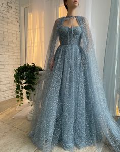 Blue Skies Capelet Gown | Teuta Matoshi Tulle Prom Dresses, Deep Snow, Sparkly Prom Dress, Long Cape, Flora Dress, Strapless Prom Dresses, Prom Dresses With Pockets, Wedding Dresses With Flowers, Wedding Flower Girl Dresses