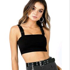 "Buckle Up" In This Black Crop Top With Buckle Straps. Exact Measurements Are Posted In Pic Above. Trendy Black Crop Top With Straps, Black Crop Top With Tank Straps For Night Out, Black Tank Straps Crop Top For Club, Black Crop Top With Tank Straps For Club, Black Crop Top With Adjustable Straps For Party, Chic Black Crop Top With Tank Straps, Chic Black Crop Top With Straps, Strap Crop Top, Black Crop Top