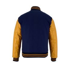 Varsity Letterman Baseball Navy Blue Wool and Gold Genuine Leather Sleeves Jacket with Gold Trims If your required Size & Color Combination is not listed then please contact with us We will respond you as soon as possible the estimated time is 12 Hours, All Sizes & Color Combinations are Available. The quality of the varsity jacket is the finest in the field. 100% high quality Wool. A fine quilt lining with Wool trimmed inside pocket are all part of the complete package. Each varsity jacket desi Leather Sleeve Jacket, School Jacket, Varsity Letterman Jackets, Retro Sports, Letterman Jacket, Leather Sleeve, Blue Wool, Trim Color, Jacket Design