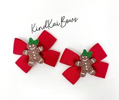 Christmas bows for the Holiday! 2 hair bows are included per order. Gingerbread girl detail is made with vinyl glitter and brown felt. Green bow attached to gingerbread girl.  Hair bows are 2 3/4" in size each made with 7/8" red grosgrain ribbon. Attached partially lined alligator clip 1.35" with teeth. Safety- hair accessories are not a toy, please do not leave children unattended/with hair bows as they are handmade and may contain small parts. Gingerbread Man Hair Bows, Red And Green Christmas, Christmas Hair Bows, Gingerbread Girl, Christmas Hair, Green Bows, Christmas Bows, Green Christmas, Christmas Christmas