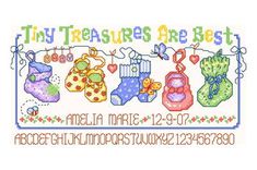 a cross stitch pattern with the words, tiny treasures are best and baby booties