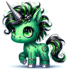 a little green pony with horns and stars on it's head, sitting down