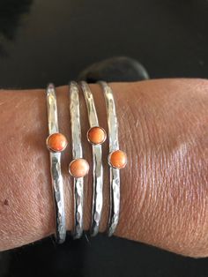 Handmade Cuff Bracelets, Silver Ring With Stone, Diy Silver Jewelry, Silversmithing Jewelry, Hammered Cuff Bracelet, Silver Smithing, Lotus Jewelry, Metalsmithing Jewelry, Orange Stone