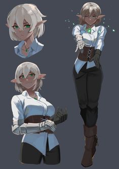 three different poses of an elf with white hair and green eyes, wearing black pants