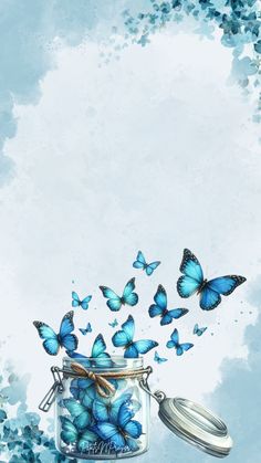 a jar filled with blue butterflies flying out of it