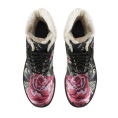 These red rose floral pattern faux fur leather boots are perfect for any hippie at heart. Featuring a vibrant and eye-catching floral design, these boots embody the free-spirited and bohemian style of the 1960s. The faux fur lining adds an extra touch of warmth and comfort, making them ideal for everyday wear during the colder months. Crafted from high-quality materials, these boots are both stylish and practical, making them a must-have for any hippie fashionista. Whether you're heading to a mu Winter Floral Print Boots, Casual Winter Boots With Floral Print, Cottagecore Forest, Hippie Boots, Lightweight Boots, Hippie Van, Comfy Boot, Animal Bones, Floral Prints Pattern