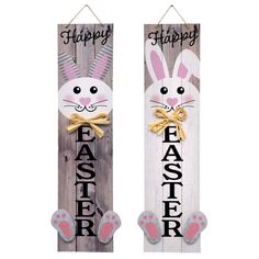 two wooden easter signs with bunny ears on them