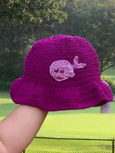 Cute BTS whalien crocheted bucket hat made with acrylic yarn for the hat and cotton yarn for the whalien applique. Fits the average medium adult head size. Purple Yarn Bucket Hat, Handmade Purple Crochet Hat With Curved Brim, Casual Purple Crochet Bucket Hat, Purple Crochet Yarn Bucket Hat, Purple Yarn Crochet Bucket Hat, Crocheted Bucket Hat, Crochet Purple, Crochet Bucket Hat, The Whale