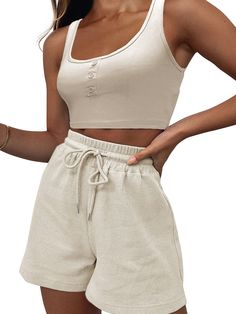 Material:95% Polyester & 5% Spandex. Features:Two-piece outfits. sleeveless. tank top. crop top. elastic waist. solid color. drawstring. short pants.Style: Casual. Sport Summer Tank Crop Top For Loungewear, Short Athleisure Crop Top For Loungewear, Athleisure Short Crop Top For Loungewear, Casual Cropped Beige Tank Top, Athleisure Short Length Crop Top For Loungewear, Casual Beige Cropped Tank Top, Trendy Cotton Crop Top With Drawstring, Sleeveless Drawstring Tops For Loungewear, Beige Sleeveless Crop Top Casual Style