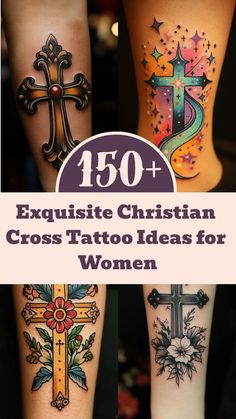 some cross tattoos on both legs and the words, 50 exquisite christian cross tattoo ideas for women