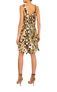 This silver and gold mini dress is constructed from metal paillettes that flutter with each movement.Gold-tone and silver-tonePaillette detailingChainmail effectV-neckSleevelessConcealed rear fasteningComposition: Copper 40%, Plastic 60% Imported Gold Embellished Sleeveless Sequin Dress, Gold Sleeveless Mini Dress With Contrast Sequin, Gold Mini Dress With Contrast Sequin For Evening, Gold Contrast Sequin Mini Dress For Evening, Glamorous Gold Mini Dress With Contrast Sequin, Metallic Sleeveless Sequin Dress For Party Season, Metallic Sleeveless Mini Dress With Sequins, Metallic Embellished Sleeveless Mini Dress, Embellished Sleeveless Metallic Mini Dress