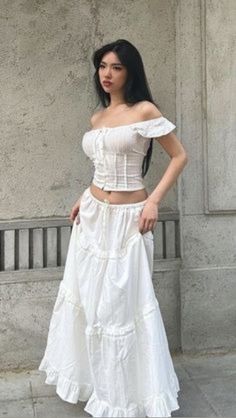 #pinterest #aesthetic #moodboard #downtowngirl #coquette #bellahadid #beach #brandymelville #gilmoregirls #dollette #cottagecore #cleangirlaesthetic #glossier #beauty #makeup #natural #pretty Long Skirt Beach Outfit, Crop Top Long Skirt, 21 Dinner, Top Long Skirt, Elegant Midi Skirt, Ruched Crop Top, White Long Skirt