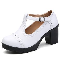 size: 39, Color: White Classic White Round Toe Heels, Trendy Heels With Metal Pin Buckle And Round Toe, Trendy White Office Heels, Classic Round Toe Heels For Spring, Classic Spring Heels With Round Toe, Trendy White Almond Toe Heels, Chic Heels With Round Toe And Metal Pin Buckle, White Flat Heels For Fall, White Mary Jane Heels Medium Width