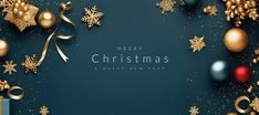 christmas decorations on a dark blue background with gold and silver ornaments around the edges that spell out merry christmas