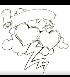 a drawing of two hearts with a banner in the middle and lightning coming out from behind them