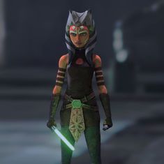 an animated star wars character standing in front of a dark background with lights on her face