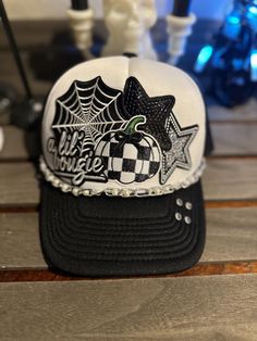 A lil bougie Halloween trucker hat. Spooky season is right around the corner, if you would like a custom Halloween trucker hat message me, be more then happy to make you your creations Halloween Trucker Hat, Trucker Hat Ideas, Hat Bar, Hat Ideas, Around The Corner, Spooky Season, Trucker Hats, Trucker Cap, Caps Hats