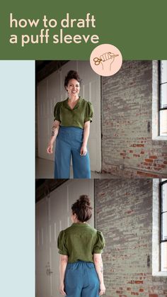 a woman standing in front of a brick wall with the words how to draft a puff sleeve