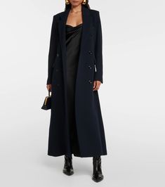 Double Breasted Coat in Blue - Dorothee Schumacher | Mytheresa Sleek Double-breasted Outerwear For Business, Chic Tailored Long Blazer, Luxury Double-breasted Outerwear For Evening, Luxury Double-breasted Evening Outerwear, Chic Evening Outerwear With Lapel Collar, Luxury Wool Coat With Notch Lapel And Double-breasted Buttons, Formal Structured Wool Coat With Double-breasted Buttons, Chic Formal Outerwear With Lapel Collar, Chic Formal Blazer Dress With Concealed Placket