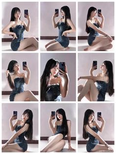 there are many pictures of a woman taking a selfie with her cell phone and sitting on the floor